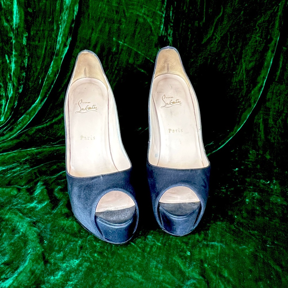Christian Louboutin Black Satin Peep-Toe Heels size 41 euro size 10 US